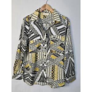 Melloday Patterned Patchwork Blouse in Black Yellow Button Front Size M $268